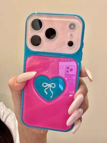 Contrast Color 3D Heart Bow Phone Case Compatible With Apple 17 Pro, Luxury Minimalist Couple 16 Pro Max New 15 Pro Women's Niche 14 Full Coverage Anti-Fall Protective Cover - Hot Pink - View 1