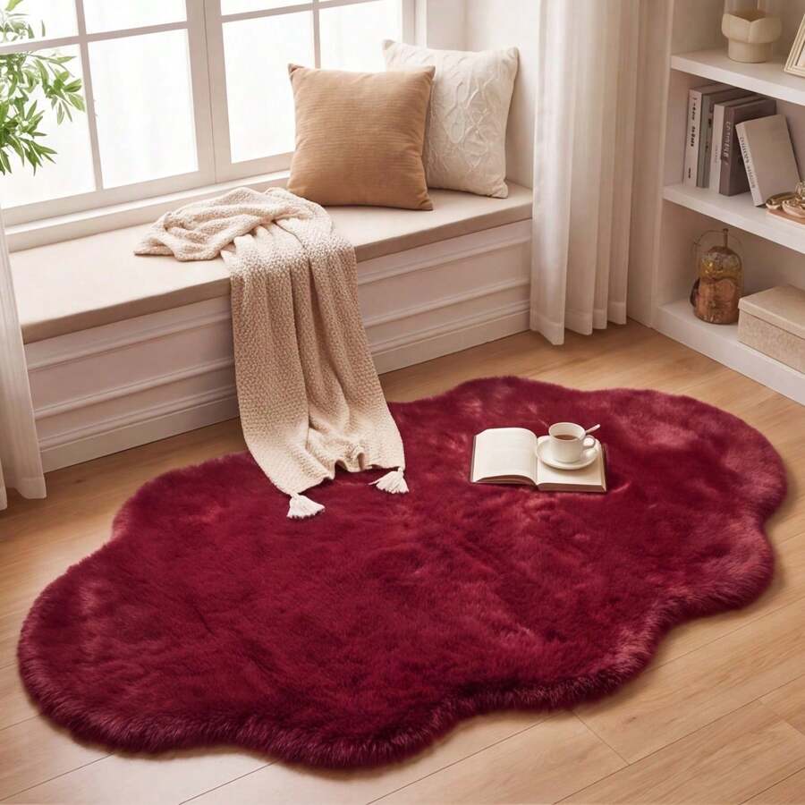 1pc, Washable Non-Slip Burgundy Round Faux Rabbit Fur Decorative Carpet, Machine Washable, Burgundy Faux Rabbit Fur Material, Minimalist Design, Visually Warm, Soft Touch, Suitable For Living Room, Bedroom, Study, Dressing Room, Vanity, Cosmetic Storage And Other Living Spaces, Daily All-Season Style, Carpet, Rug, Carpet Living Room, Kitchen Mat, Carpet For Bedroom, Bathroom Mat, Rug Bedroom, Room Decor, Rugs For Living Room, Hallway Runner, Washable Rug, - Multicolor - View 1