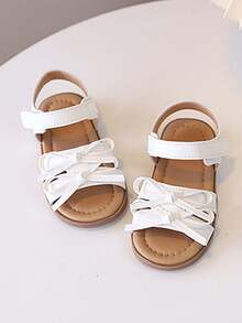 1 Pair Girls' Summer Double Bow Sandals With Hook-And-Loop Buckle, Soft Sole, Non-Slip, Princess Style Open Toe Beach Shoes - Beige - View 3