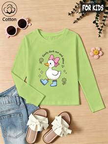 Girls Cotton Raglan Long Sleeve Tee, Fall Winter Top With Cute Cartoon Duck Print, Sweet Preppy Style - Fruit Green - View 3