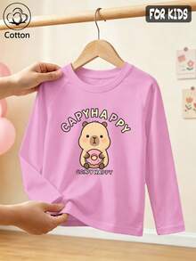 Girls Cotton Raglan Long Sleeve Tee, Autumn Winter Cute Cartoon Capybara With Pink Donut Print, Sweet Preppy Style - Light Wine Red - View 1