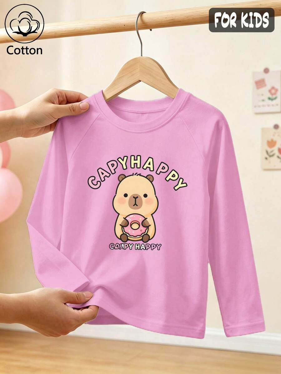 Girls Cotton Raglan Long Sleeve Tee, Autumn Winter Cute Cartoon Capybara With Pink Donut Print, Sweet Preppy Style - Light Wine Red - View 1