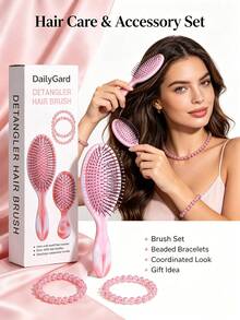 4 PCS Marble Pattern Dual-Use (Dry/Wet) Fluffy Non-Tangling Smooth Hair Comb For Ladies, Massage Comb With Air Cushion, Hairbrush Set, 2 Bracelets - Multicolor - View 3
