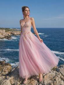 Anymoon Women's Ruched Bust Floral Embroidered Contrast Mesh High Waist Long Evening Gown - Pink - View 2