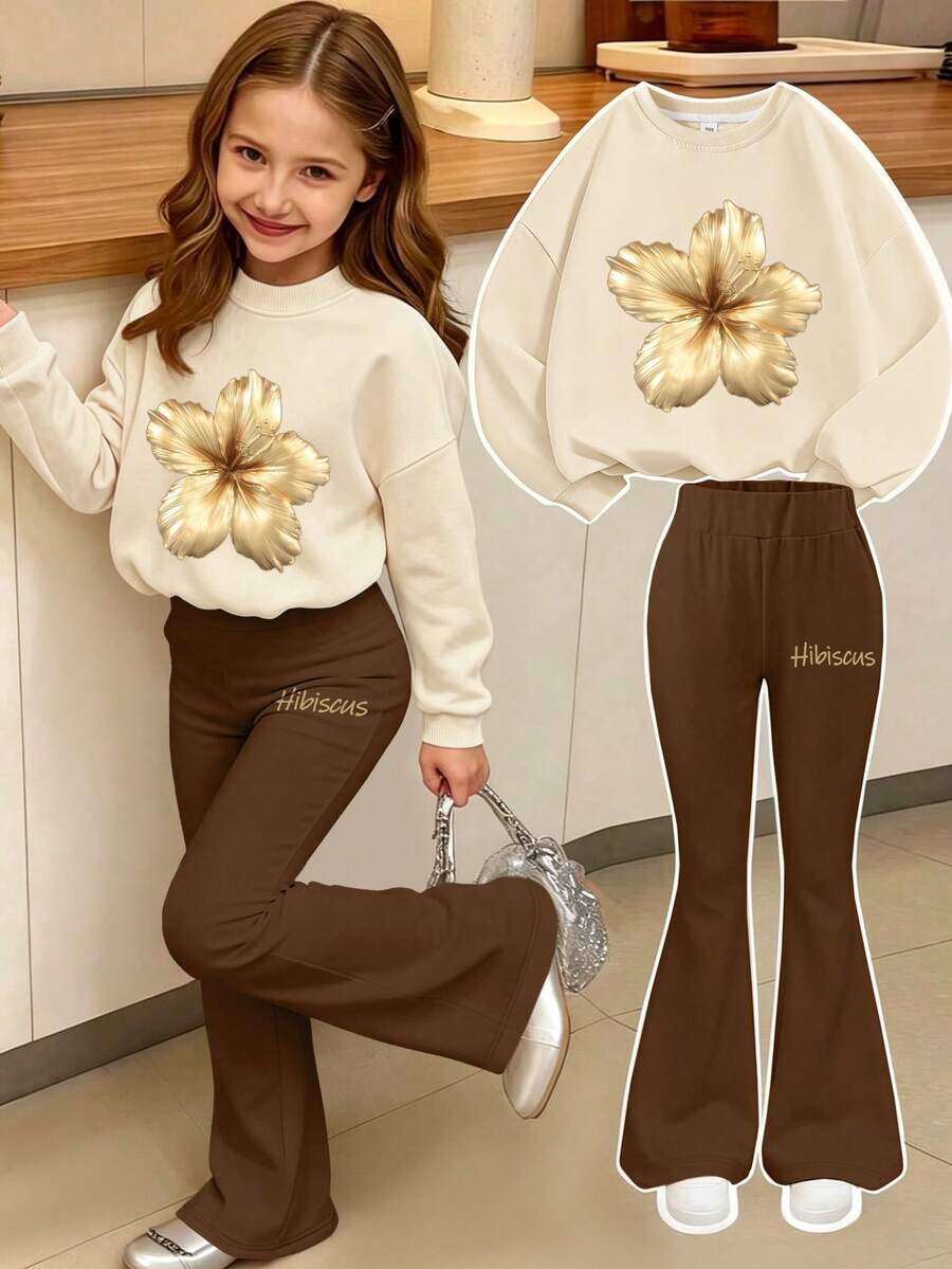 2pcs Girls Sweatshirt + Flare Pants Set, Gold Cherry Print, Soft Fabric, Sweet Casual Daily Outfit - Apricot - View 1