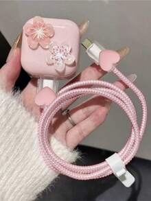 Cherry Blossom Charger And Cable Protector Set, Durable Apple 40W Charging Cable Protective Case, Anti-Breakage Cable Organizer, Compatible With Apple 17/16/15/13/14 Phone Chargers - Pink - View 2