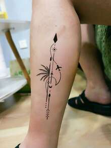 1pc Temporary Tattoo Sticker, Black Line Art Arrow Airplane Palm Tree Pattern, Realistic Fake Tattoo Design, Suitable For Daily Wear, Bachelorette Party Favors, Music Festivals, Cosplay, Graduation Gifts, Lasts 3‑5 Days - Black - View 3