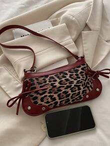 1pc Vintage Bowknot Decor Shoulder Bag/Underarm Baguette Bag, Suitable For Dating, Outing, Party And Other Occasions, Fashionable Women's Bowknot Wallet. Leopard Print Position Random - Burgundy - View 6