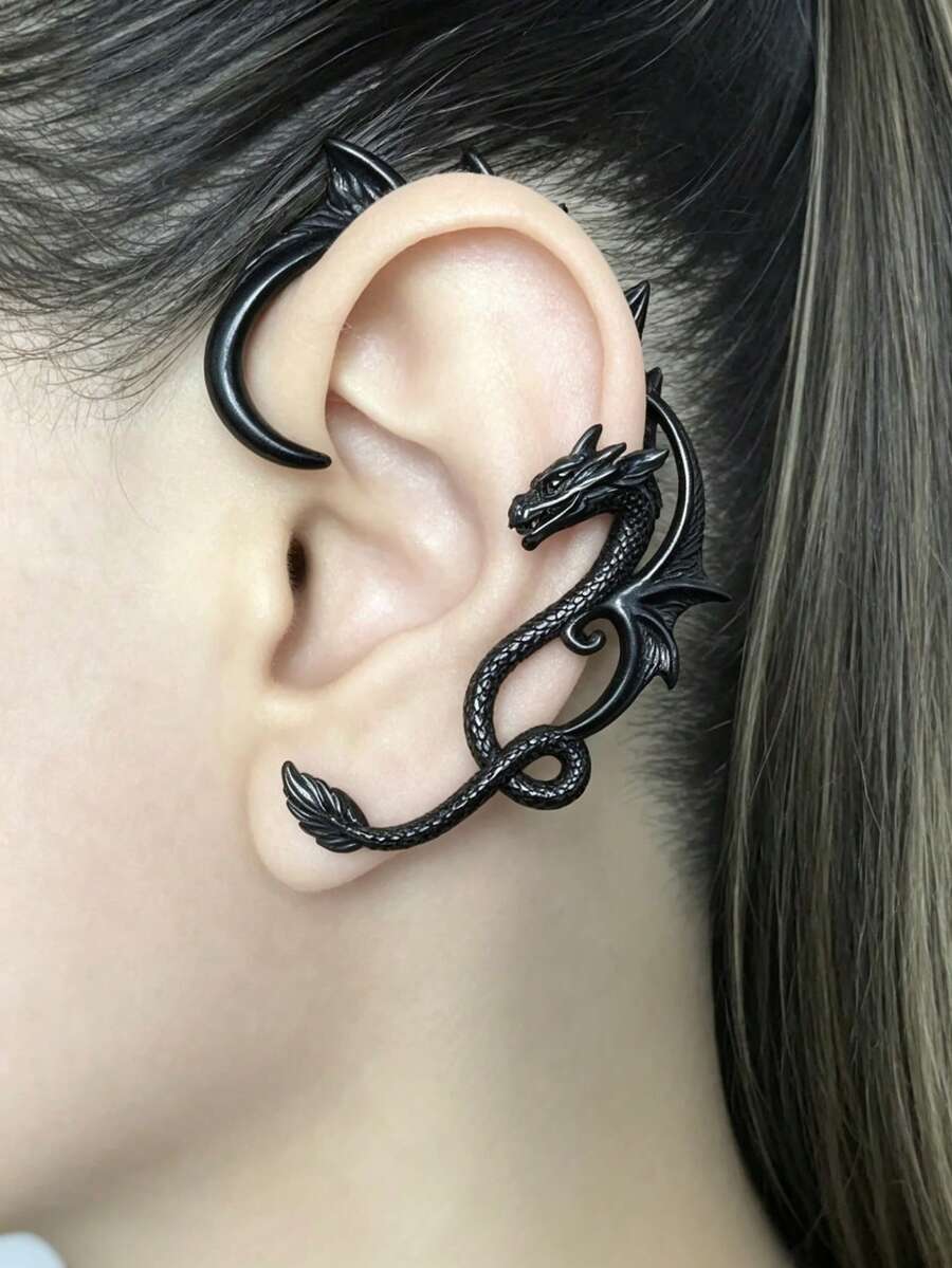 Retro Antique Silver,Gold And Black Dragon Earrings,Gothic Style Surround-Type Non-Piercing Ear Clips,Punkish Cool Halloween Party Decoration Earrings - Multicolor - View 1