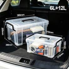 Set de 2 Cajas de Almacenamiento Transparentes de Plástico 6L y 12L, Sin BPA, con Tapa, Asa Superior y Clips de Cierre, Cajas Organizadoras Apilables para Cocina, Oficina, Juguetes, Herramientas, Auto y Almacenamiento en Hogar - 6L+12L - Ver 4
