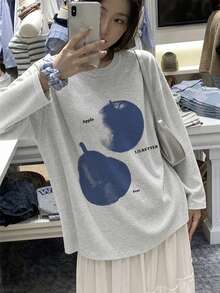 Women's Fashion Autumn/Winter Loose Round Neck Casual Versatile Fruit Print Long Sleeve T-Shirt - Light Gray - View 4