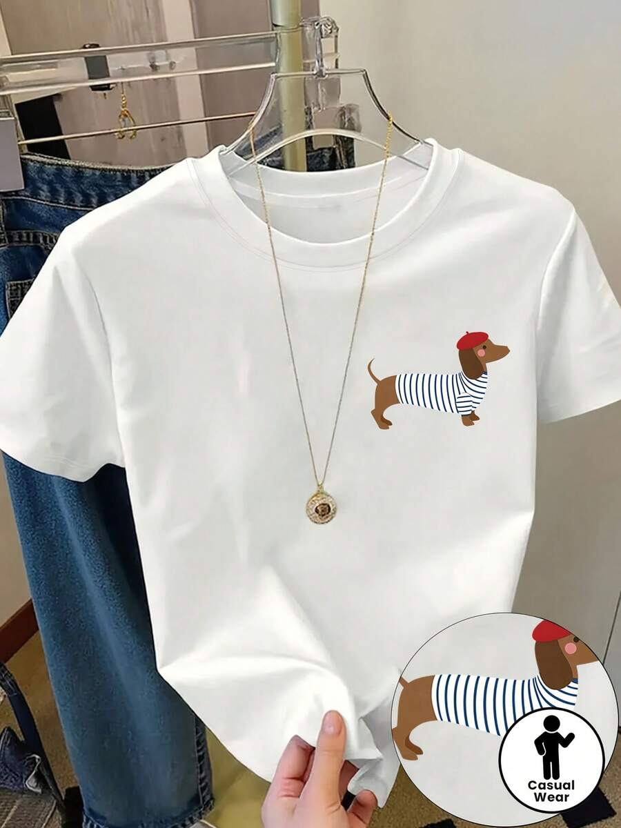 Grande Taille - Grande Taille - T-Shirt For Women With Imprimé De Chien Teckel Mignon, Skin Decontracté à Col Round And Some Courtes Au Minimalist Sty