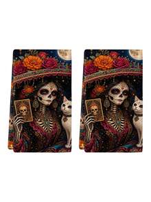2pcs/4pcs Colorful Sugar Skull Towels, Paper Cut Bunting Candle Floral Print, Soft Absorbent Microfiber, Bathroom Kitchen Holiday Decor Gift - Multicolor - View 4