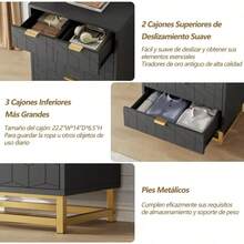 Cómoda Cajonera Moderna con 5 Cajones y Tiradores de Metal Dorado, Mueble de Dormitorio con Textura Geométrica en Relieve y Base de Metal, Ideal para Sala, Recámara o Espacios Pequeños Mueble de Almacenamiento Moderno para Decoración de Interiores - Negro - Ver 3
