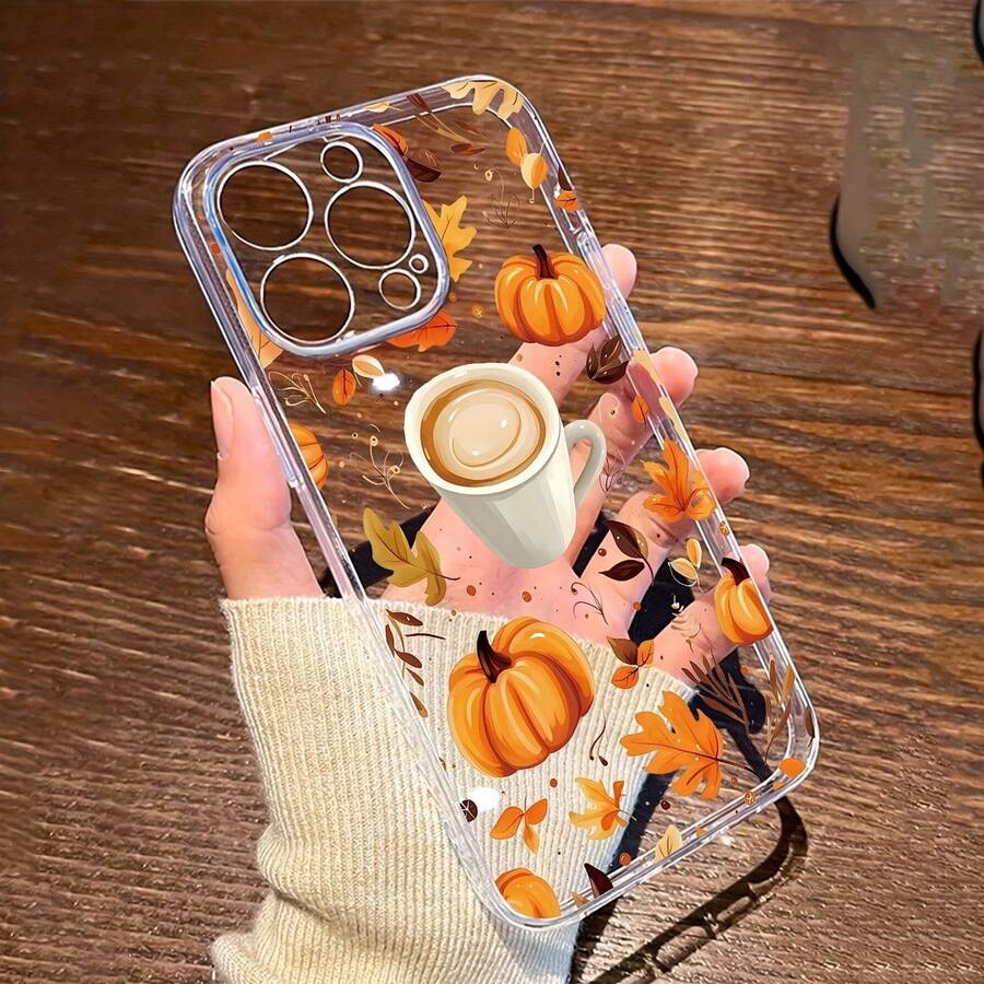 Handyhülle: Kürbis-Herbst-Blatt-Kaffee transparente perforierte Handyhülle geeignet für iPhone X/11/12/13/14/15/16/17/Plus/Pro/ProMax, einfache transparente Schutzhülle geeignet für Halloween, Weihnachten, Ostern, Geburtstage als Geschenke für enge Freunde, Freundinnen und Familienfreunde. - Transparent - Übersicht 1
