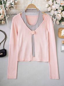 Sweater Rajut Leher Halter 2-in-1 Motif Bunga 3D untuk Wanita, Desain Musim Gugur/Dingin, Ramping, Elegan, Niche, Lengan Panjang, Atasan Pullover - Berwarna merah muda - View 8