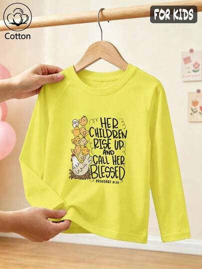 Girls Cotton Raglan Long Sleeve Tee For Fall Winter, Cartoon Animal Print With Blessing Text, Cute Sweet Preppy Style