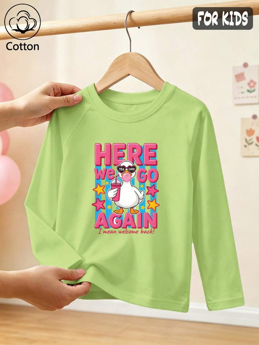 Girls Cotton Raglan Long Sleeve Tee For Fall Winter, Cartoon Duck Print With Stars, Cute Sweet Preppy Style - Fruit Green - View 1
