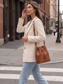 French Style Beige Loose Casual Blazer, Classic Lapel Two-Button, Dropped Shoulder Relaxed Fit, Minimalist Solid Color, Versatile For Any Inner Layer, Suitable For Commuting And Travel, Spring And Autumn All-Match Elegant Women's Blazer Jacket - Apricot - View 6