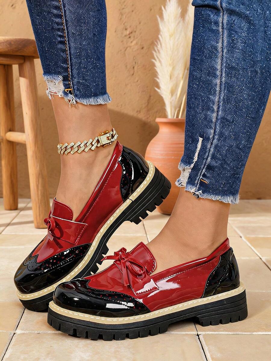 2024 Women's New Round Toe Leopard Print Front Zipper Platform Sole Loafers Thick Sole Colorblock Fashion Shoes - Red - View 1