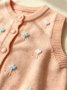 WUHUANG YIYI Baby Girls Sweet Cute Style Contrast Solid Color Handmade Flower Applique Decor Round Neck Sweater Vest Cardigan Loose Fit Daily Outing Autumn - Baby Pink - View 5