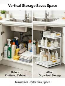 Two‑Tier Sliding Under‑Sink Storage Organizer , Adjustable‑Height Metal Rack With Pull‑Out Baskets, Available In 3 Colors, Cabinet Organizer For Kitchen Spices, Cleaning Supplies And Bathroom Toiletries - Multicolor - View 6