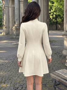 Women's Elegant Keyhole Stand Collar Mini Dress, Long Puff Sleeve Slim Fit A‑Line Short Dress For Autumn Daily & Date Outfit - Apricot - View 6