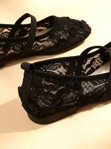 Women's Mesh Lace Mary Jane Flat Shoes 3D Floral Square Toe Elastic Strap Soft Sole Breathable Loafers - Black - View 6