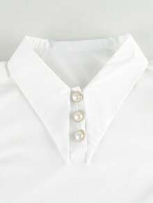 Plus Size Women's Solid Color Lantern Sleeve Collared Shirt, Fashion Pearl Button Puff Sleeve Blouse - White - View 4