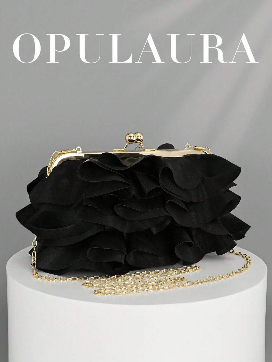 OpulAura 女士优雅迷人花瓣宴会手拿包,褶边设计晚礼服手提包,适合婚礼/度假/正式派对/舞会,配有链式肩带,花瓣形状随机 - 黑色 - 查看 1