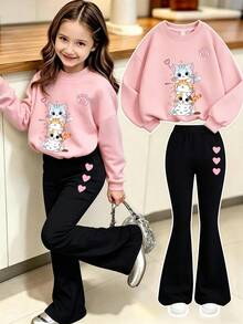 2pcs/Set Crew Neck Sweatshirt And Flared Pants Set For Girls, Printed With 4 Cute Cats Pattern, Suitable For Autumn/Winter Daily Wear - Multicolor - View 1