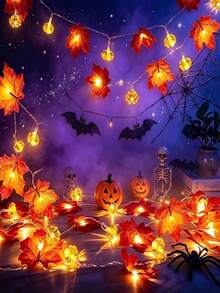 Halloween Thanksgiving Maple Leaf Pumpkin LED Light String Warm Light Battery-Powered Dual Lighting Mode Home Party Indoor Table Room Autumn Seasonal Festival Atmosphere Decorative Lamp - Maple Leaf Pumpkin Lantern - View 11