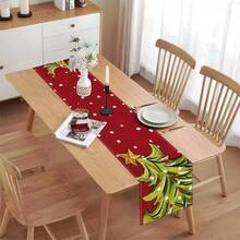 1pc Christmas Tree Table Runner, Red Background Hand-Painted Christmas Tree With Gold Stars And Red & White Polka Dot Print, Holiday Table Home Decor, Accessories Not Included - Multicolor - View 6