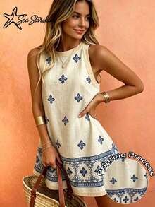 Women's Beach Vacation Floral Sleeveless Dress, Patchwork Embroidery Print Design Elegant Summer - Apricot - View 8