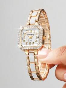Women's Luxury Square Rhinestone Dial Quartz Watch, Elegant Small Square Wristwatch, Gift For Girlfriend (1pc/Set) Watch Box Not Included - White - View 3