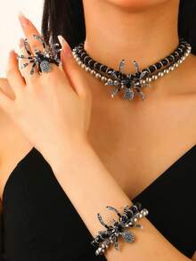 1 Set Halloween Black Spider Choker Jewelry Set, Exaggerated Short Choker Set, Bold Gothic Style Fashion Accessory, Women's Halloween Costume Gift - Black - View 1