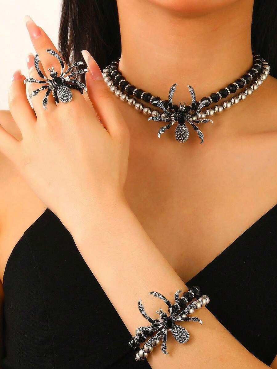 1 Set Halloween Black Spider Choker Jewelry Set, Exaggerated Short Choker Set, Bold Gothic Style Fashion Accessory, Women's Halloween Costume Gift - Black - View 1
