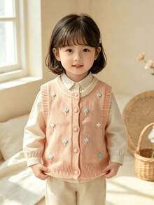 WUHUANG YIYI Baby Girls Sweet Cute Style Contrast Solid Color Handmade Flower Applique Decor Round Neck Sweater Vest Cardigan Loose Fit Daily Outing Autumn - Baby Pink - View 3