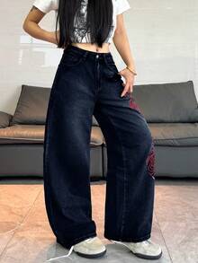 1pc Women's Loose Fit Embroidered Wide Leg Jeans, Comfortable Casual High Street Versatile Denim Pants (Belt/Accessories Not Included) Spring Fall - Dark Wash - View 6