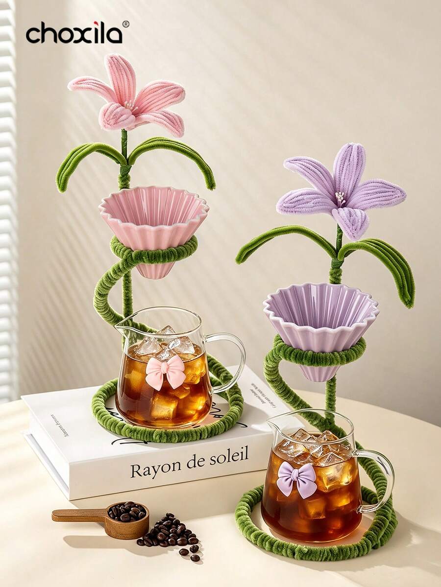 choxila 1pc S-Shaped Metal Pour Over Coffee Filter Holder With Handmade Lily Flower Decoration, Pink And Purple Optional, Pour Over Coffee Brewing Accessory, Suitable For Coffee Filter Paper And Server, Ideal For Home And Outdoor Coffee Lovers