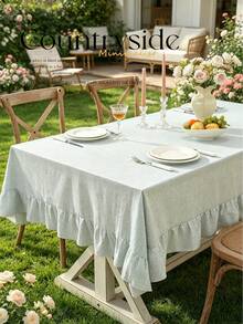 1pc Tablecloth With Ruffle Hem Decor, Polyester Fabric, Light Blue Plaid Pattern, Rectangular Or Square, Suitable For Dining Room And Living Room Table Decor - Baby Blue - View 12