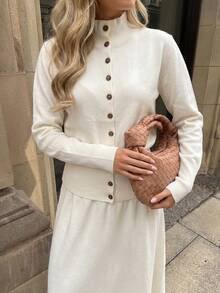 Autumn White Button-Up Small Stand Collar Cardigan Knit Top - White - View 4