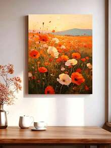 1pc Oil Painting By Numbers Kit, Flower Field DIY Art & Craft, Home Wall Decor, Canvas Oil Painting Decoration, Holiday Gift Includes Paintbrushes And Paints. - Sets - View 3