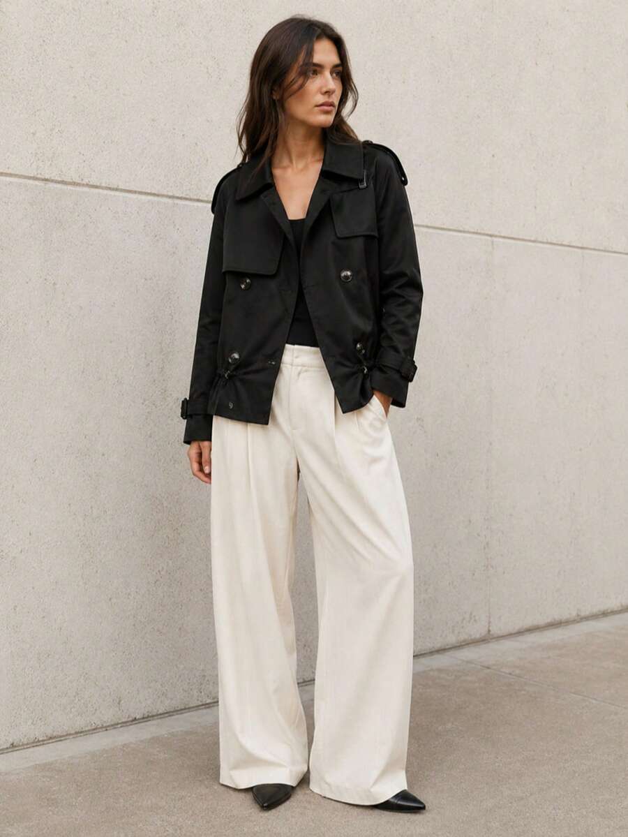 Short Trench Coat, Button Closure, Elastic Drawstrings At The Bottom Of The Jacket - Black - View 1