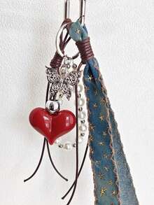 Simple Stylish Cute Bag Pendant, Heart-Shaped Decoration With Silver Bead Bow, Suitable For Daily Matching And Gift Giving As Bag Pendant Keychain - Red - View 3