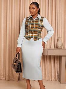 Women's Casual Plaid Blouse With Collar And Pencil Skirt Two Pieces Set, Stylish Button Details For Fall Winter Outfits - Light Grey - View 2