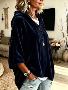 Plus Size Women's 3/4 Sleeve Solid Color Gold Velvet Casual T-Shirt Top, Autumn/Winter - Navy Blue - View 2