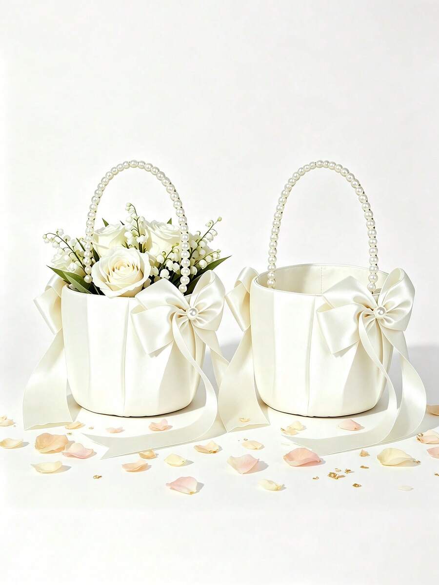 1/2 st modern vit blomkorg med pärlhandtag, med satinband och rosett, vikbar, bröllops- och Alla hjärtans dag-dekoration, multifunktionell tillbehör för event och fest, dekorativ blombehållare och buketttillbehör, lämplig för Halloween och jul - Pärlmodell - Visa 1