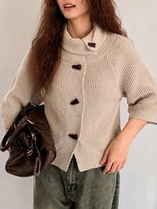 Women's Autumn/Winter French Vintage Style Short Sleeve Knit Cardigan Sweater - Apricot - View 3