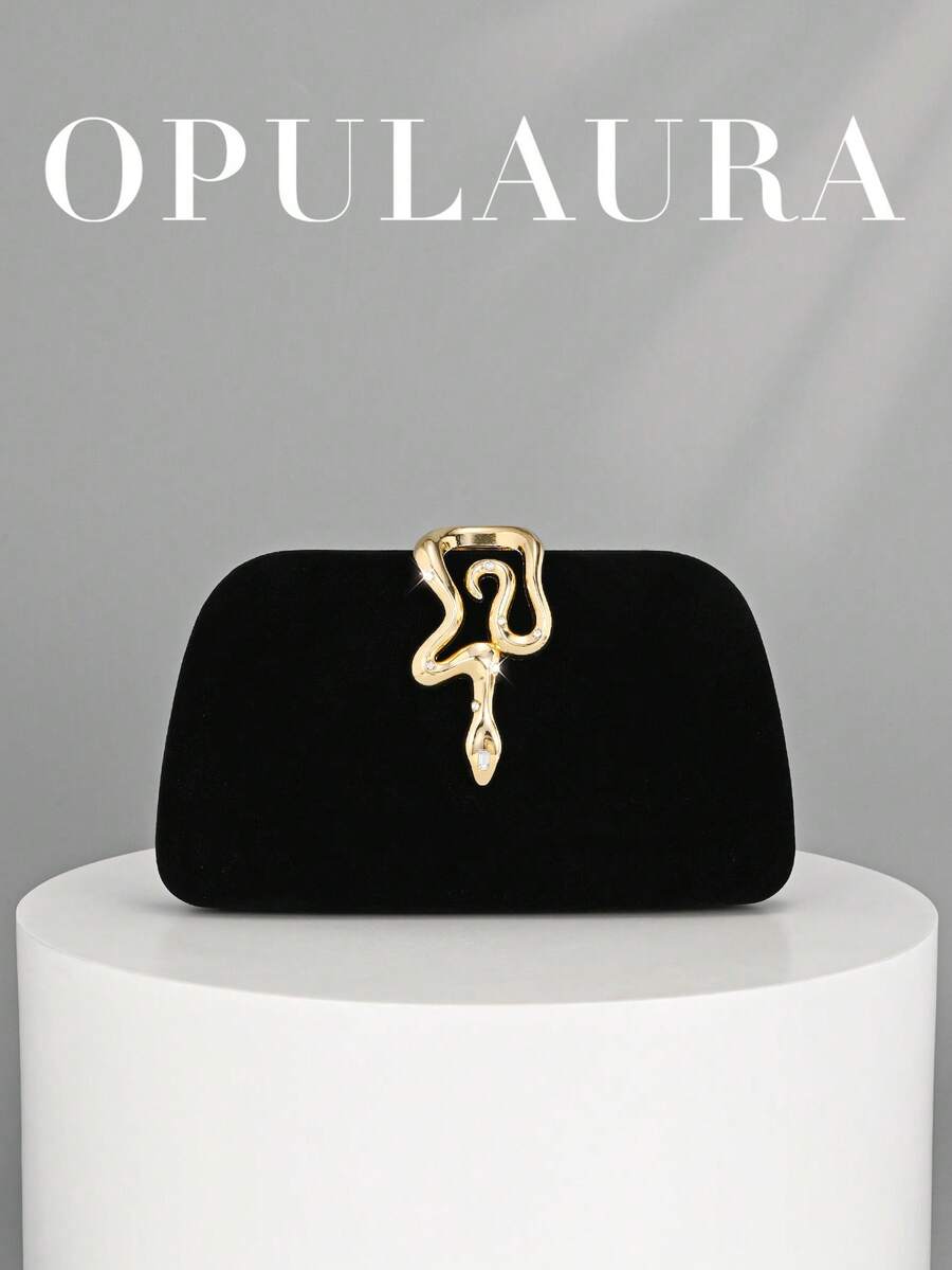 OpulAura 女士复古时尚天鹅绒手拿包 - 蛇扣设计,欧美风格,优雅简约盒装手提包,适合婚礼、晚会、正式活动、托特包、斜挎包,配有高品质链条肩带 - 黑色 - 查看 1